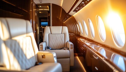 Fototapeta premium Aviation Luxurious interior of a private jet, featuring plush seats and large windows with golden sunlight streaming in.