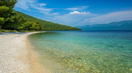 Serene Beach  Crystal Clear Water  Pebble Shore  Green Hills