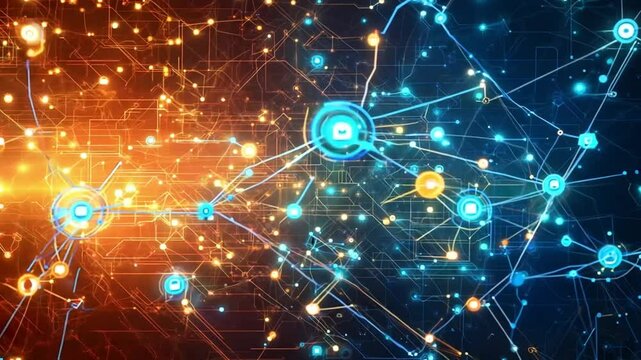 Abstract Digital Network with Orange and Blue Lights