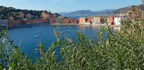 View from rock on Bay of Silence, fishing cove of the town of Sestri-Levante, Italy. Tourism and recreation. Ecologically clean nature. Traditional old buildings. Historical center.