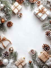 White table, top view, sides of the Christmas tree, frame of Christmas trees, Christmas toys, Christmas elements, Christmas elements, warm tones, happy new year concept, Christmas atmosphere, no text,