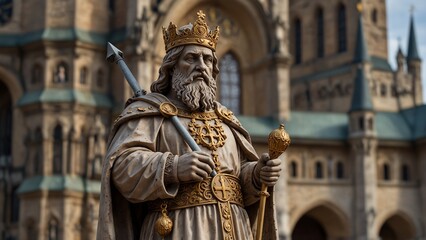 Statue of Charlemagne: Charlemagne dressed in a magnificent royal robe, holding a scepter, with medieval scenes of the Holy Roman Empire and European cityscapes in the background.