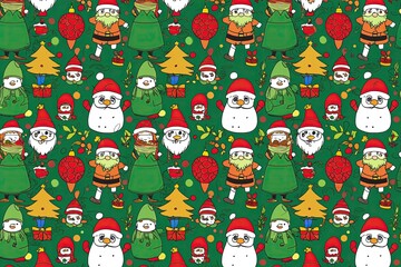 Vibrant Holiday Character Seamless Pattern Illustration with Fun Doodles and Cheerful Colors