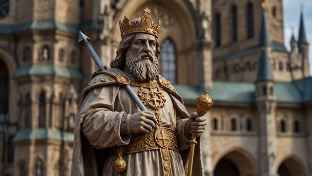 Statue of Charlemagne: Charlemagne dressed in a magnificent royal robe, holding a scepter, with medieval scenes of the Holy Roman Empire and European cityscapes in the background.