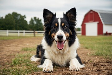 Fototapeta premium Adorable Border Collie Begging with Paws on a Scenic Farm