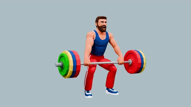 3d strongman doing deadlift with barbell. Cartoon powerlifter. Looped animation with alpha channel.