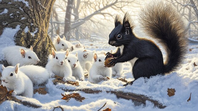 A black squirrel interacts with a group of white squirrels in a snowy forest, showcasing nature's beauty and diversity.