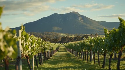 Vineyard Rows  Mountain View  Sunset Landscape