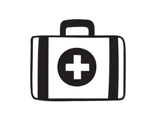 First aid kit hand drawn doodle icon. Drawing first aid kit case icon. Treatment, medicine concept.