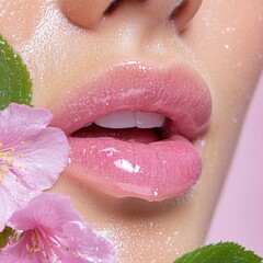 Fototapeta premium Close-Up of Model's Lips Adorned with Hydrating Lip Gloss Featuring Blooming Flowers for a Fresh and Vibrant Beauty Aesthetic