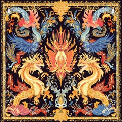 Fototapeta premium Mythical Thai Animals in Colorful Traditional Style with Swirling Details and Rich Hues, Repeating Pattern