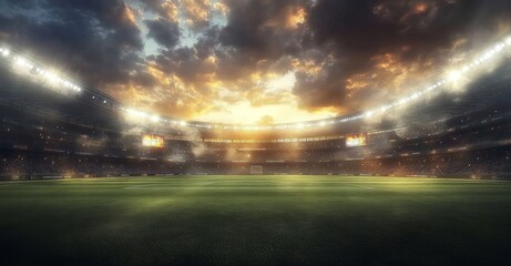 Illuminated Soccer Stadium at Dusk with Crowd and Dramatic Clouds