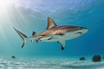 Naklejka premium Graceful Hammerhead Shark Gliding Through a Tranquil White Environment