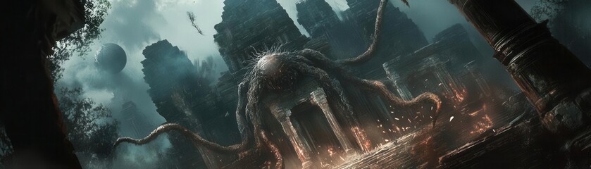 Fototapeta premium Ancient ruins encounter abandoned city digital art dark atmosphere low angle fantasy theme