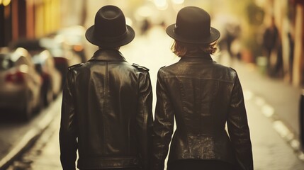 Couple Walking Away  City Street  Back View  Leather Jackets  Hats