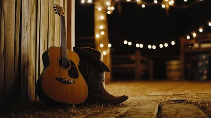 Acoustic guitar, cowboy boots, and hat in rustic barn with string lights.