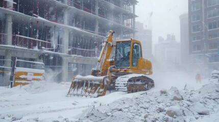 A thick layer of snow blankets the construction site forcing the team to use specialized equipment to clear the area before they can resume work.
