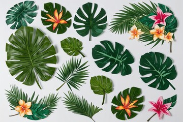 Tropical Flowering Shrubs and Lush Green Foliage Cut-Outs on Transparent Background