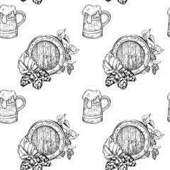 Wooden beer barrel and bunch of hop cones black white vector seamless pattern isolated. Tankard beer and humulus plant on repeated texture hand drawn engraving for design textile, packaging, paper.