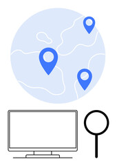 Obraz premium Blue map markers on globe indicating locations, computer monitor screen, magnifying glass. Ideal for navigation, geolocation services, global tracking, search and discovery, digital analysis