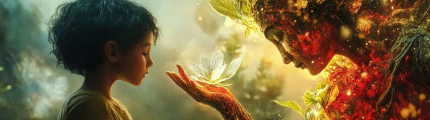 A child interacts with a mystical figure representing nature, showcasing a magical connection between humanity and the environment.