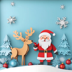 Santa Claus delivers Christmas gifts with his reindeer on a snowy winter night