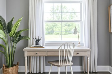 A serene workspace featuring a desk, chair, plant, and window with natural light.