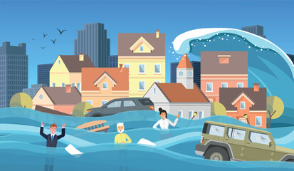 Tsunami in the city. People, cars were in the water and in danger. Global catastrophe, emergency. 