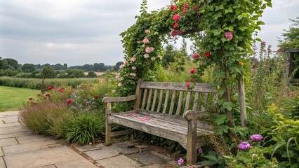 Obraz premium Old wooden street bench with vines and flowers, outdoor, architecture, nature