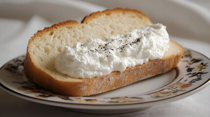 Fototapeta premium sandwich with creamy melted cheese close-up on a light background,Cheese on bread isolated on white background,rye bread with cream cheese on wood table, healthy food concept 