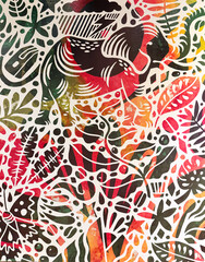 Random colorful floral and leaves abstract pattern silhouette superimposed with red, green, and yellow gradient background. Illustration of leaves, coffee beans, peanut, and flower.