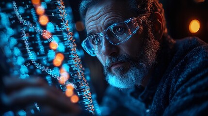 Scientist Crafting Advanced DNA Sequences Using Digital Interface with Glowing Genetic Strands