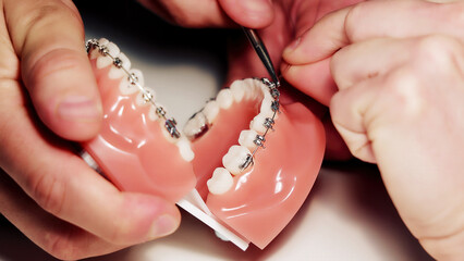 Orthodontist adjusting braces on dental model. Close-up of an orthodontist's hands working on a...