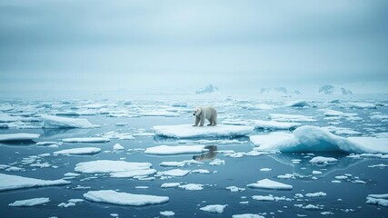 Naklejka premium Majestic Arctic landscape with a polar bear standing on ice floes, animal behavior, polar bear