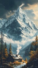 Fototapeta premium Majestic mountain landscape isolated cabin nature scene tranquil environment aerial view serenity concept