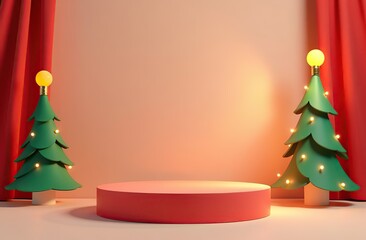 Set of 3D abstract background with red, cream, green realistic cylinder podium. Neon bulb light on triangles christmas tree. Vector mockup product display. New year minimal wall scene. Stage showcase