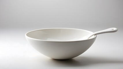 Empty White Bowl With a Spoon Resting Inside on a Neutral Background
