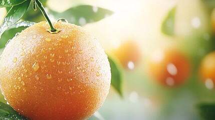 A Close up of a Juicy Orange with Water Droplets and a Vibrant Grove in the Background