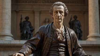 Statue of Montesquieu: Montesquieu dressed in 18th-century French scholar attire, seated with the background of the French Revolution, holding a copy of "The Spirit of the Laws".
