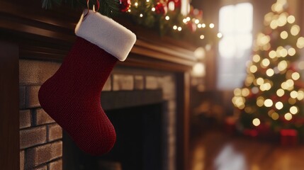 A red stocking sits on a fireplace mantle