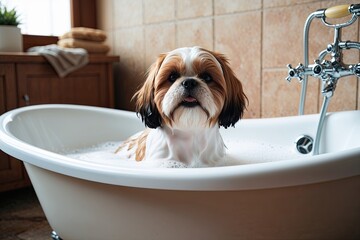 Shih Tzu Dog Enjoying a Cozy Bath with Soap in a Comfortable Home Tub