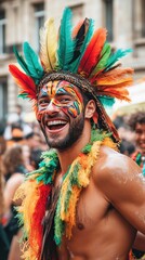 Excited participant in colorful costume and face paint celebrates during a lively Belgian festival