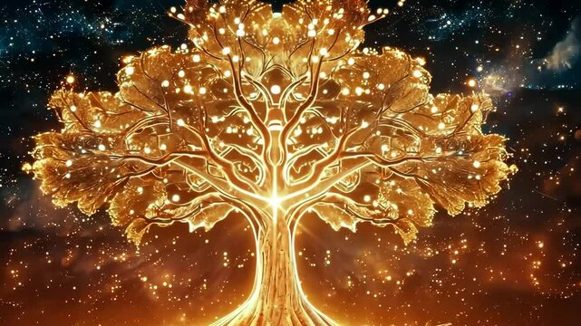 A luminous golden tree radiates light and energy against a cosmic starry backdrop. Represents growth, spirituality, and wonder.

