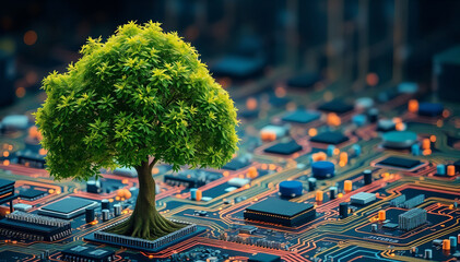 tree with golden roots on a circuit board,, merges nature with technology