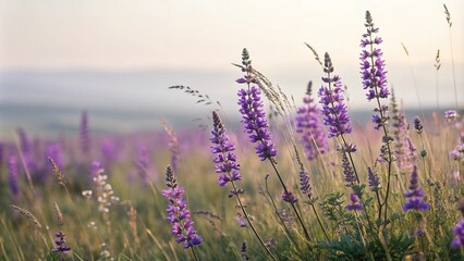 Naklejka premium Soft focus image of a field of purple wildflowers swaying gently in the breeze, peaceful scenes, serene landscapes, landscape photography