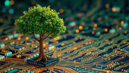 tree with golden roots on a circuit board,, merges nature with technology