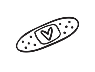 Hand drawn aid band plaster with heart care isolated on white background. doodle outline style