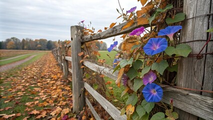 Morning glory flowers blooming on a old wooden fence in an autumn garden, vine, autumn