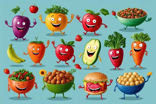 Vibrant Illustrations of Joyful Quirky Food Characters in a Fun Ensemble
