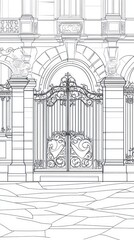 A detailed line drawing of an ornate gate and architectural elements.